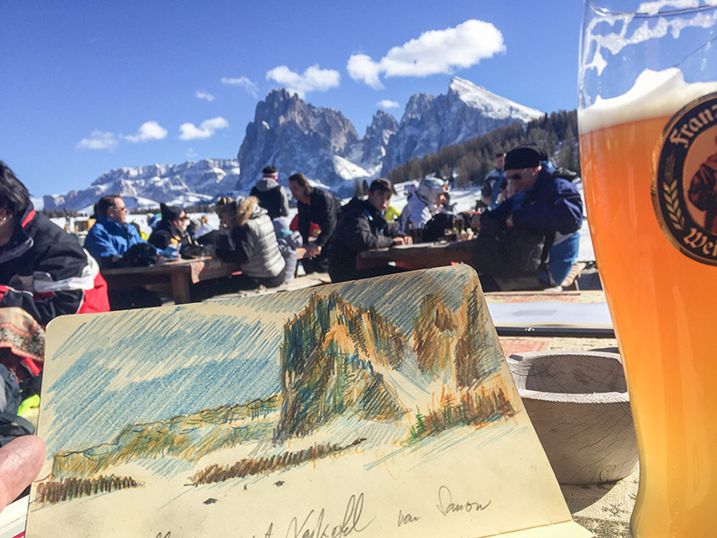 Seiseralm Schnee Langkofel Weißbier Skizze Landschaft