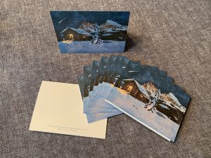 Weihnachtskarten Klappkarte A6 - Motiv: Almhütte vor Langkofelgruppe, Seiser Alm- 10 Stück