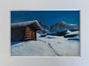 Seiseralm Stadl mit Langkofelgruppe