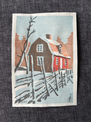 Weihnachtskarte 2024 – Farbholzschnitt Winter in Schweden