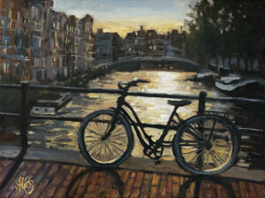 Sonnenuntergang mit Fahrrad in Amsterdam